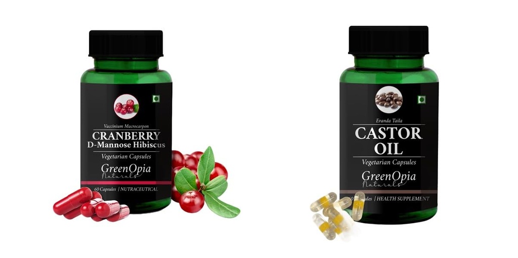 Cranberry-d-mannose-hibiscus-capsules, Castor-oil-vegetarian-capsules Combo | Convenient Nutrition & Wellness Routine | Multi-Product Pack
