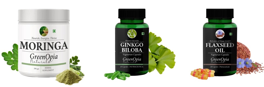 Moringa-oleifera-powder, Ginkgo-biloba-vegetarian-capsules, Flax-seed-oil-vegetarian-capsules Combo | Convenient Nutrition & Wellness Routine | Multi-Product Pack