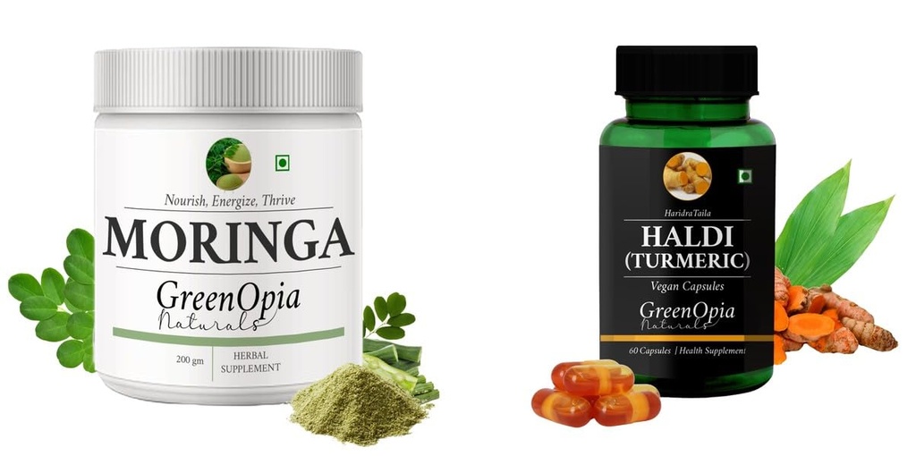 Moringa-oleifera-powder, Haldi-oil-vegetarian-capsules Combo | Convenient Nutrition & Wellness Routine | Multi-Product Pack