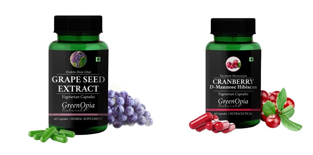 Grape-seed-extract-60-vegetarian-capsules, Cranberry-d-mannose-hibiscus-capsules Combo | Convenient Nutrition & Wellness Routine | Multi-Product Pack