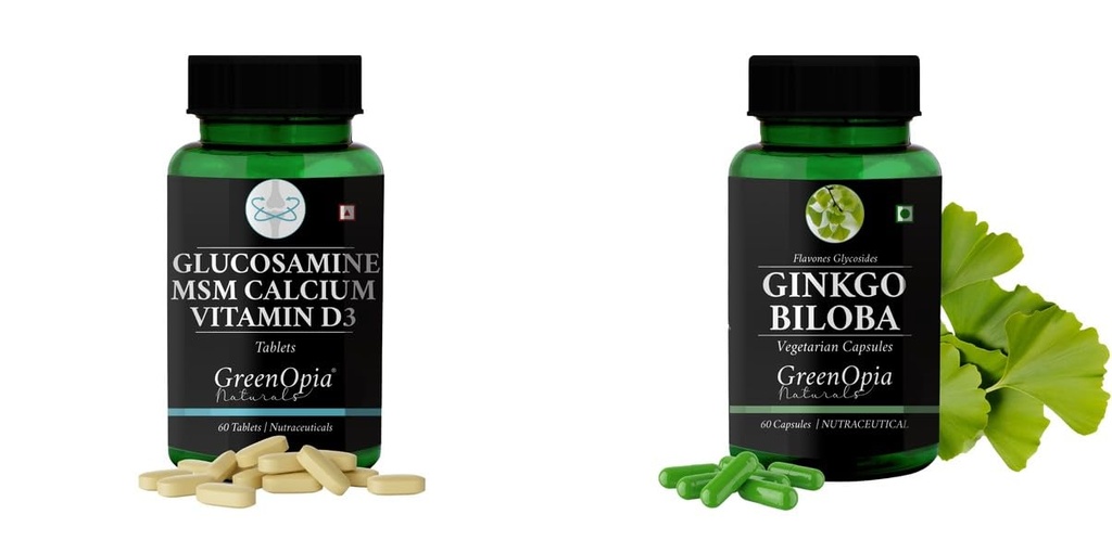 Glucosamine-msm-tablets, Ginkgo-biloba-vegetarian-capsules Combo | Convenient Nutrition & Wellness Routine | Multi-Product Pack