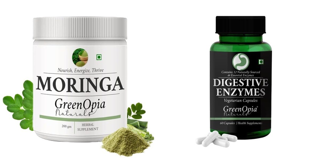 Moringa-oleifera-powder, Digestive-enzymes-60-vegetarian-capsules Combo | Convenient Nutrition & Wellness Routine | Multi-Product Pack