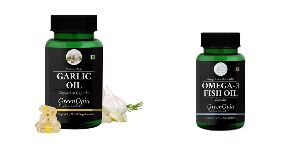 Garlic-oil-vegetarian-capsules, Fish-oil-capsules Combo | Convenient Nutrition & Wellness Routine | Multi-Product Pack