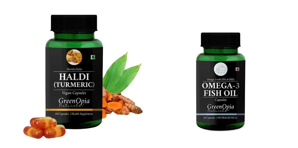 Haldi-oil-vegetarian-capsules, Fish-oil-capsules Combo | Convenient Nutrition & Wellness Routine | Multi-Product Pack