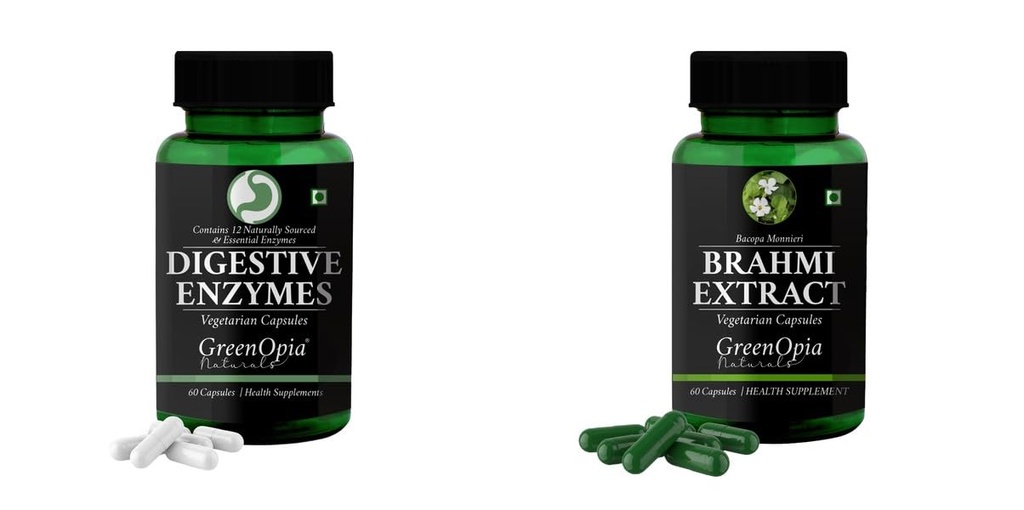 Digestive-enzymes-60-vegetarian-capsules, Brahmi-vegetarian-capsules Combo | Convenient Nutrition & Wellness Routine | Multi-Product Pack