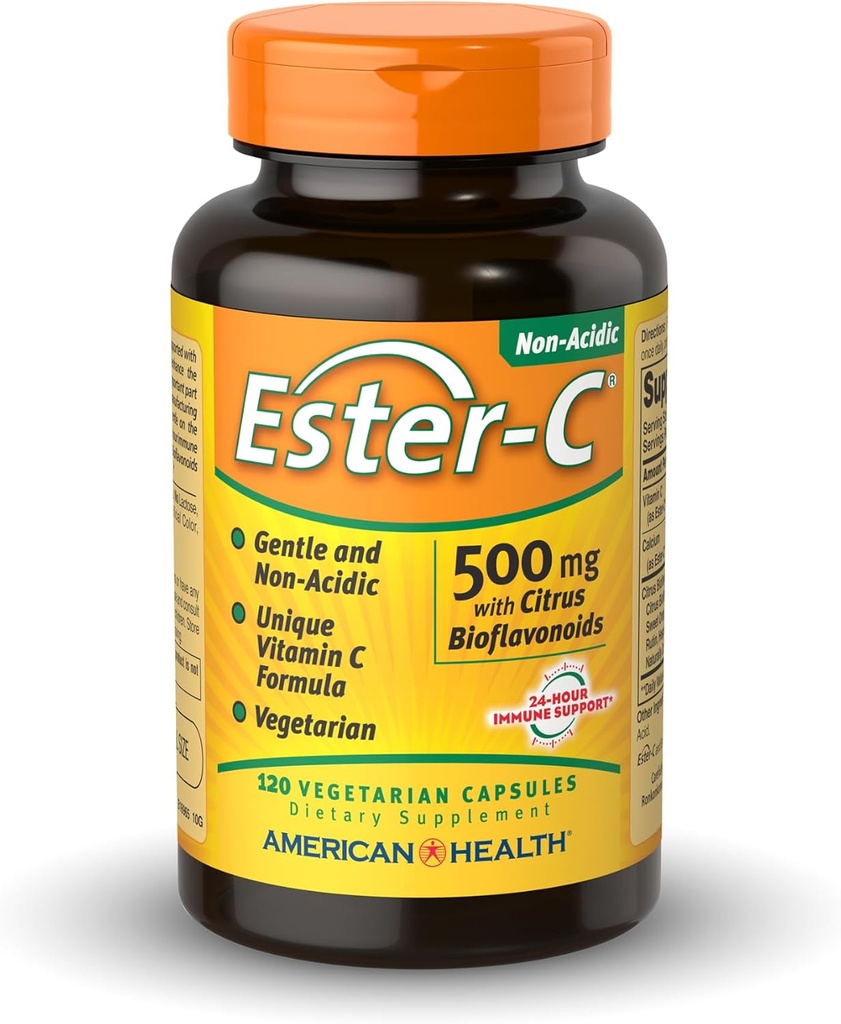 American Health Ester-C 500 mg avec des bioflavonoïdes à agrumes - 120 capsules végétariennes - soutien immunitaire 24 heures sur 24 - sans OGM, végétalien, sans gluten - 60 portions