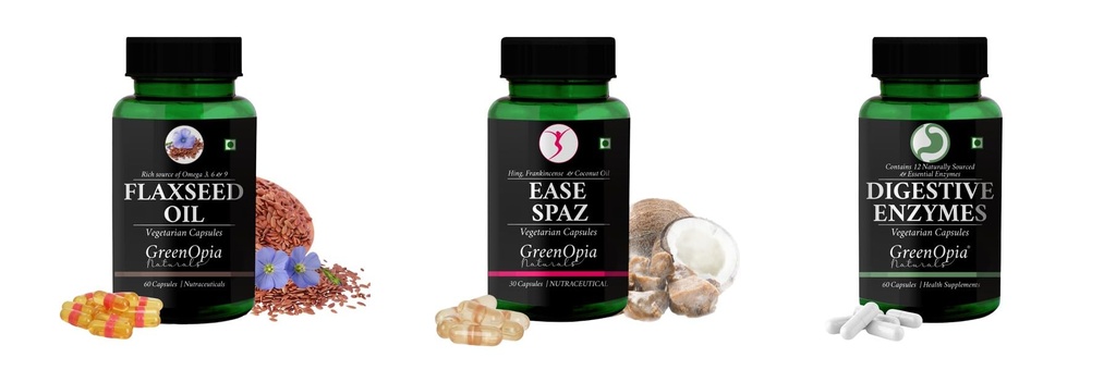 Flax-seed-oil-vegetarian-capsules, Ease-spaz-vegetarian-capsules, Digestive-enzymes-60-vegetarian-capsules Combo | Convenient Nutrition & Wellness Routine | Multi-Product Pa