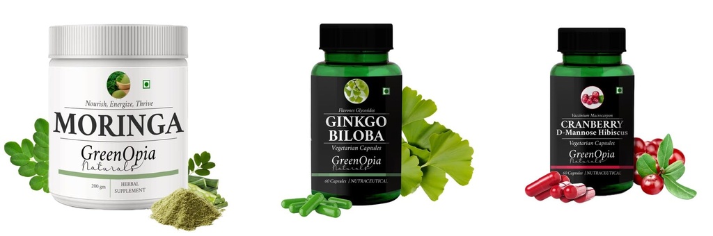 Moringa-oleifera-powder, Ginkgo-biloba-vegetarian-capsules, Cranberry-d-mannose-hibiscus-capsules Combo | Convenient Nutrition & Wellness Routine | Multi-Product Pack