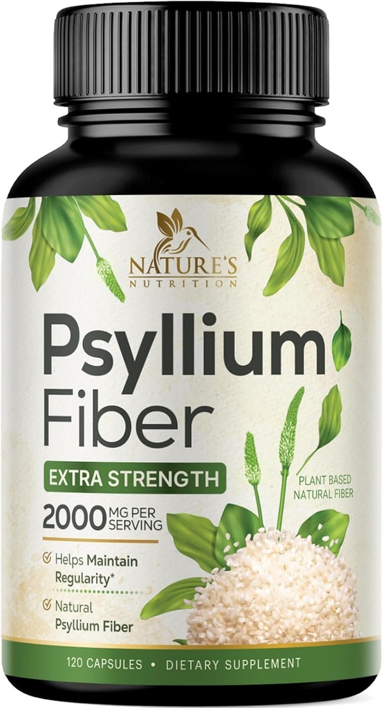 Psyllium Husk Powder Capsules 2000mg, Natural Daily Soluble & Insoluble Fibre Pills, Psyllium Husk Fibre Supplément soutient Digestion Colon santé et régularité, supplément à base de plantes - 120 Capsules