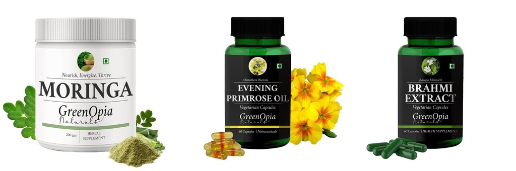 Moringa-oleifera-powder, Evening-primrose-oil-vegetarian-capsules, Brahmi-vegetarian-capsules Combo | Convenient Nutrition & Wellness Routine | Multi-Product Pack