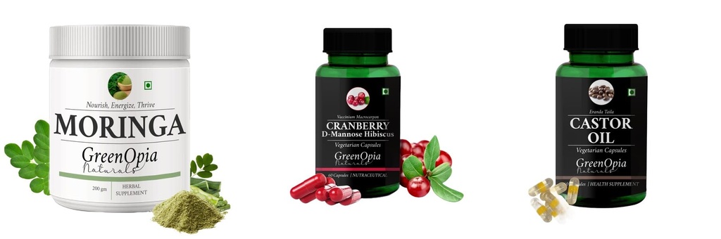 Moringa-oleifera-powder, Cranberry-d-mannose-hibiscus-capsules, Castor-oil-vegetarian-capsules Combo | Convenient Nutrition & Wellness Routine | Multi-Product Pack