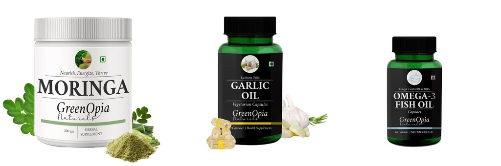 Moringa-oleifera-powder, Garlic-oil-vegetarian-capsules, Fish-oil-capsules Combo | Convenient Nutrition & Wellness Routine | Multi-Product Pack