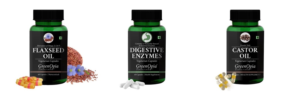 Flax-seed-oil-vegetarian-capsules, Digestive-enzymes-60-vegetarian-capsules, Castor-oil-vegetarian-capsules Combo | Convenient Nutrition & Wellness Routine | Multi-Product P