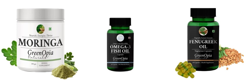 Moringa-oleifera-powder, Fish-oil-capsules, Fenugreek-oil-vegetarian-capsules Combo | Convenient Nutrition & Wellness Routine | Multi-Product Pack