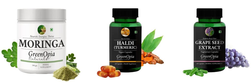 Moringa-oleifera-powder, Haldi-oil-vegetarian-capsules, Grape-seed-extract-60-vegetarian-capsules Combo | Convenient Nutrition & Wellness Routine | Multi-Product Pack