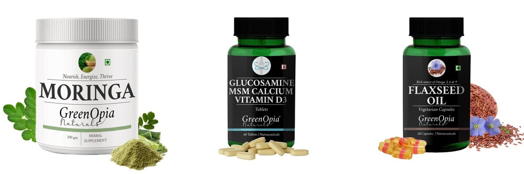 Moringa-oleifera-powder, Glucosamine-msm-tablets, Flax-seed-oil-vegetarian-capsules Combo | Convenient Nutrition & Wellness Routine | Multi-Product Pack