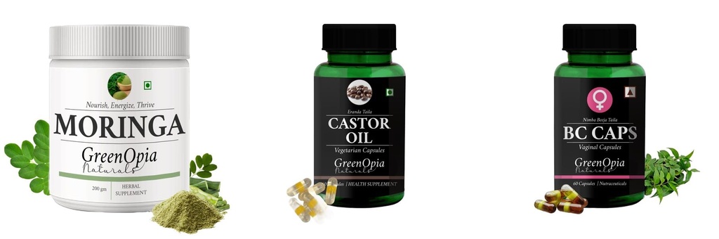 Moringa-oleifera-powder, Castor-oil-vegetarian-capsules, Bc-caps-vaginal-capsules Combo | Convenient Nutrition & Wellness Routine | Multi-Product Pack
