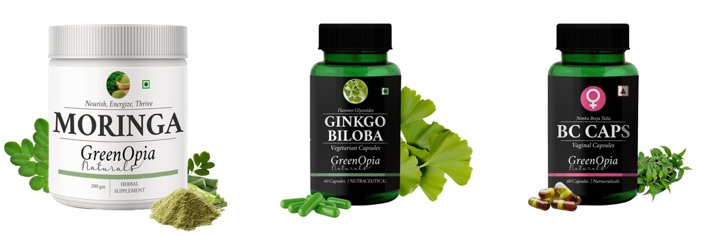 Moringa-oleifera-powder, Ginkgo-biloba-vegetarian-capsules, Bc-caps-vaginal-capsules Combo | Convenient Nutrition & Wellness Routine | Multi-Product Pack