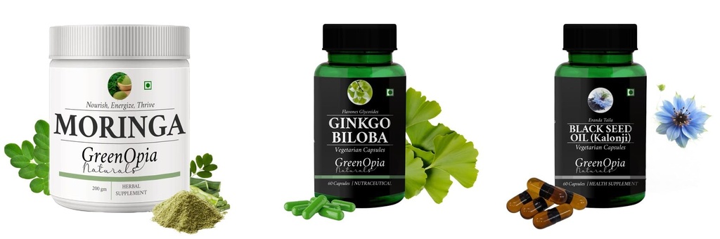 Moringa-oleifera-powder, Ginkgo-biloba-vegetarian-capsules, Black-seed-oil-capsules Combo | Convenient Nutrition & Wellness Routine | Multi-Product Pack