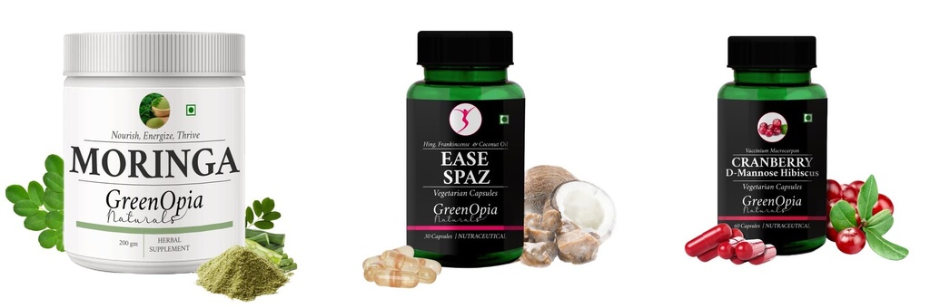 Moringa-oleifera-powder, Ease-spaz-vegetarian-capsules, Cranberry-d-mannose-hibiscus-capsules Combo | Convenient Nutrition & Wellness Routine | Multi-Product Pack