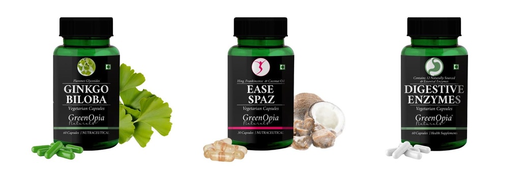 Ginkgo-biloba-vegetarian-capsules, Ease-spaz-vegetarian-capsules, Digestive-enzymes-60-vegetarian-capsules Combo | Convenient Nutrition & Wellness Routine | Multi-Product Pa