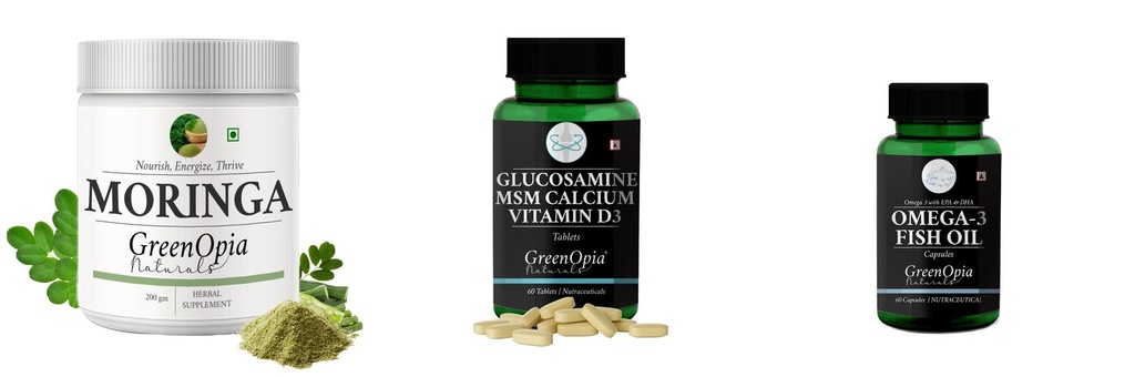 Moringa-oleifera-powder, Glucosamine-msm-tablets, Fish-oil-capsules Combo | Convenient Nutrition & Wellness Routine | Multi-Product Pack