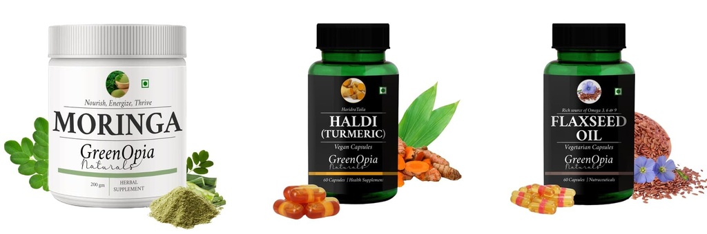 Moringa-oleifera-powder, Haldi-oil-vegetarian-capsules, Flax-seed-oil-vegetarian-capsules Combo | Convenient Nutrition & Wellness Routine | Multi-Product Pack