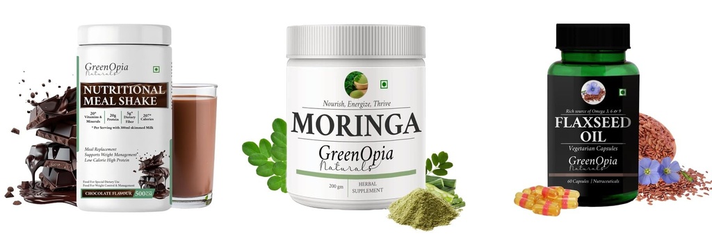 Nutritional-meal-shake-chocolate, Moringa-oleifera-powder, Flax-seed-oil-vegetarian-capsules Combo | Convenient Nutrition & Wellness Routine | Multi-Product Pack