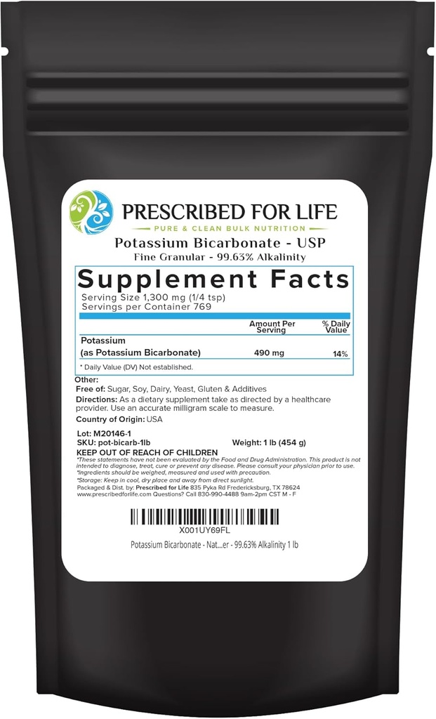 Prescription pour la vie Potassium Bicarbonate en poudre, pur USP et de qualité alimentaire Potassium Bicarbonate pour plantes, vinification, et cuisson, poudre cristalline, 39% K (1lb)