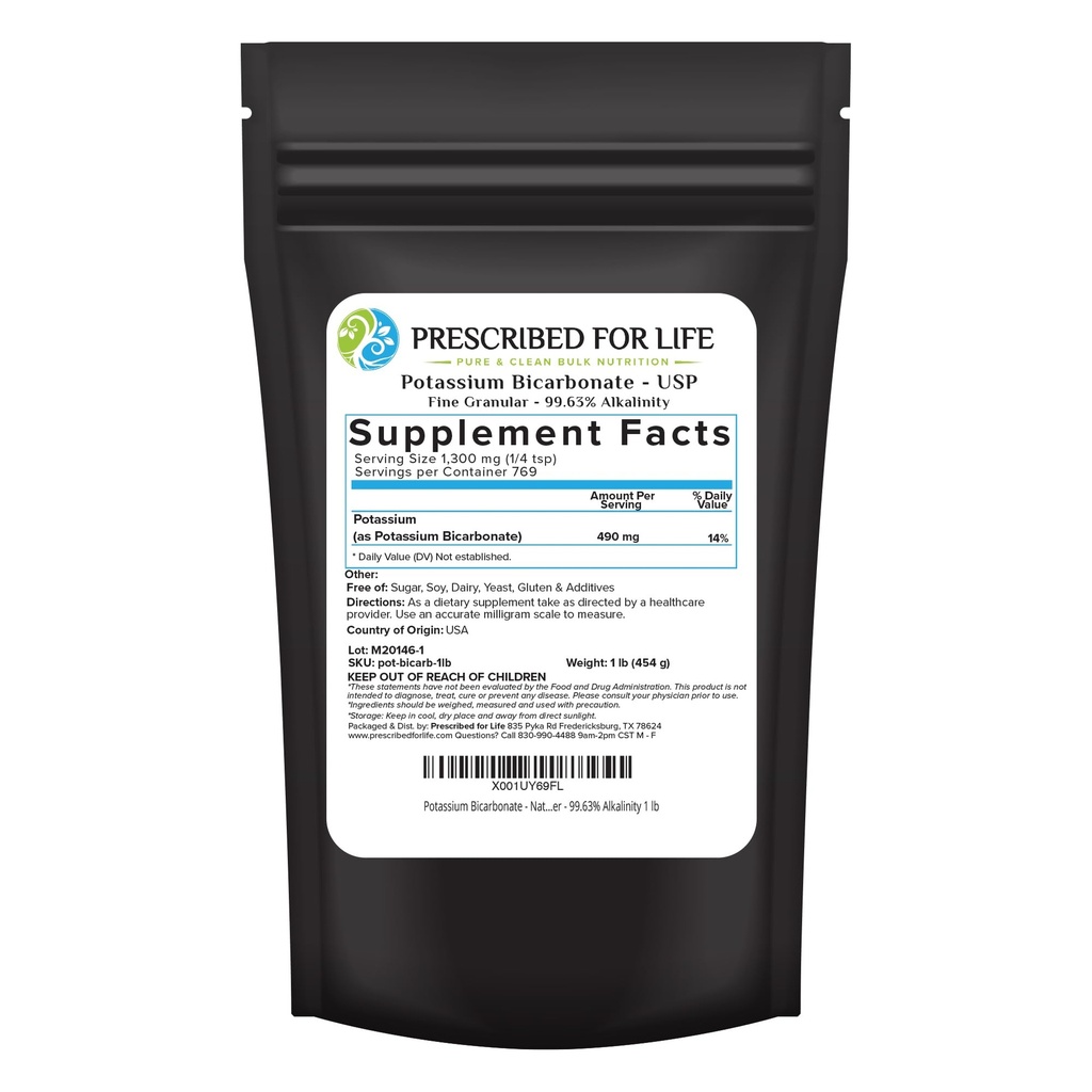 Prescription pour la vie Potassium Bicarbonate en poudre, pur USP et de qualité alimentaire Potassium Bicarbonate pour plantes, vinification, et cuisson, poudre cristalline, 39% K (1lb)