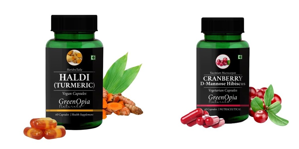 Haldi-oil-vegetarian-capsules, Cranberry-d-mannose-hibiscus-capsules Combo | Convenient Nutrition & Wellness Routine | Multi-Product Pack