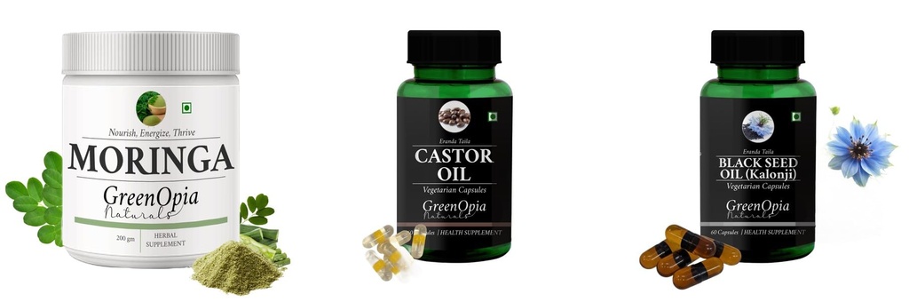 Moringa-oleifera-powder, Castor-oil-vegetarian-capsules, Black-seed-oil-capsules Combo | Convenient Nutrition & Wellness Routine | Multi-Product Pack