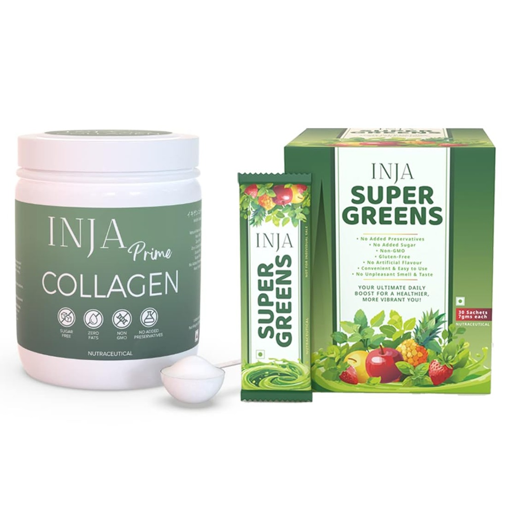 INJA Prime Marine Collagen Powder, Unflavoured - 125g + Super Greens 30 Sachets Combo, Japanese Formulation with 40+ Vitamins, Minerals, Skin, Hair Growth, Joints, Immunity, Energy & Gut Health