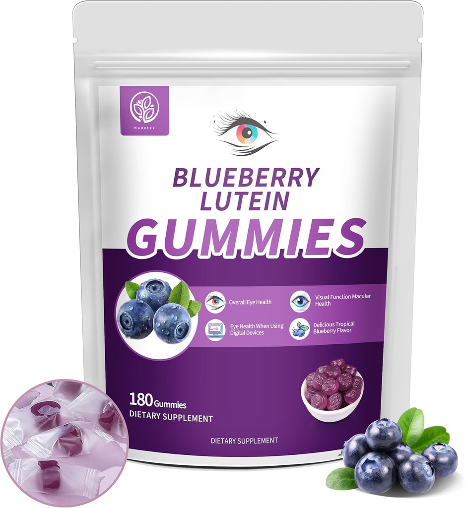 Blueberry Lutein Vitamines oculaires Gummies avec 180 Compte - 3 mois d'approvisionnement, Vegan Eye Health Supplément pour les enfants et les adultes, Gummies lutéines pour la clarté de la vision et soutien de la lumière bleue