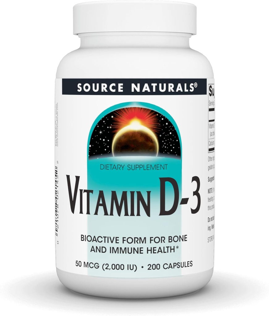 Source Naturals Vitamine D-3, forme bioactive pour la santé des os et des immunes*, 2000 UI - 200 capsules