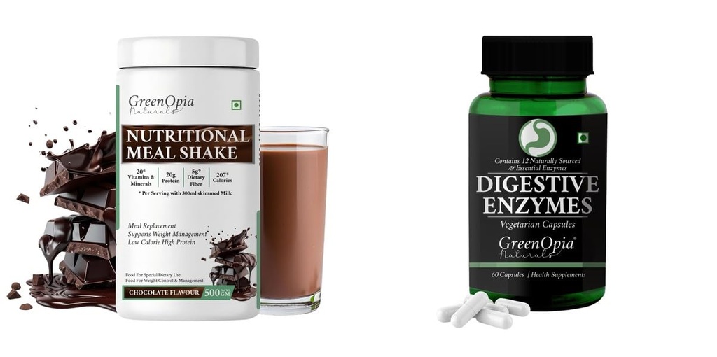 Nutritional-meal-shake-chocolate, Digestive-enzymes-60-vegetarian-capsules Combo | Convenient Nutrition & Wellness Routine | Multi-Product Pack