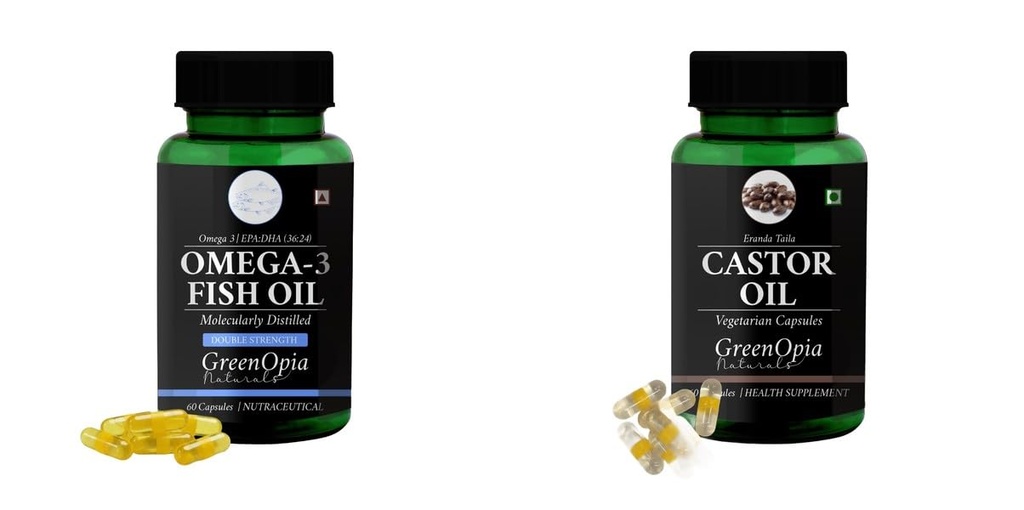 Fish-oil-double-strength, Castor-oil-vegetarian-capsules Combo | Convenient Nutrition & Wellness Routine | Multi-Product Pack