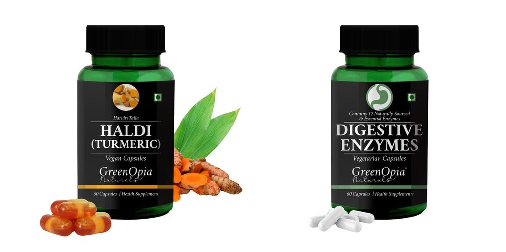 Haldi-oil-vegetarian-capsules, Digestive-enzymes-60-vegetarian-capsules Combo | Convenient Nutrition & Wellness Routine | Multi-Product Pack