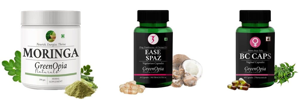Moringa-oleifera-powder, Ease-spaz-vegetarian-capsules, Bc-caps-vaginal-capsules Combo | Convenient Nutrition & Wellness Routine | Multi-Product Pack