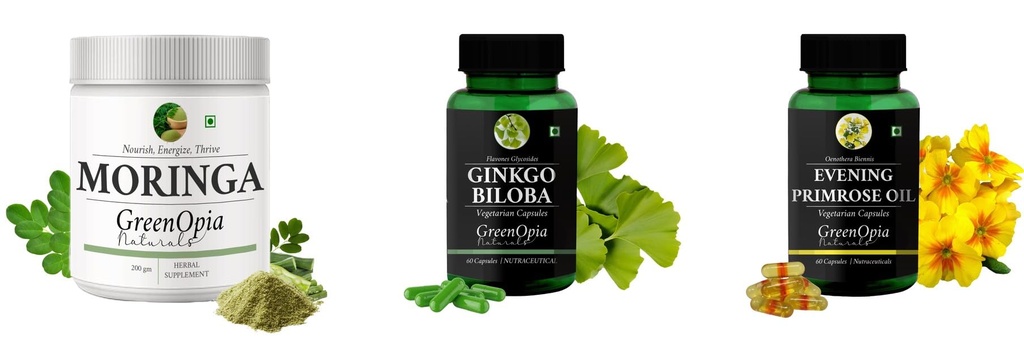 Moringa-oleifera-powder, Ginkgo-biloba-vegetarian-capsules, Evening-primrose-oil-vegetarian-capsules Combo | Convenient Nutrition & Wellness Routine | Multi-Product Pack