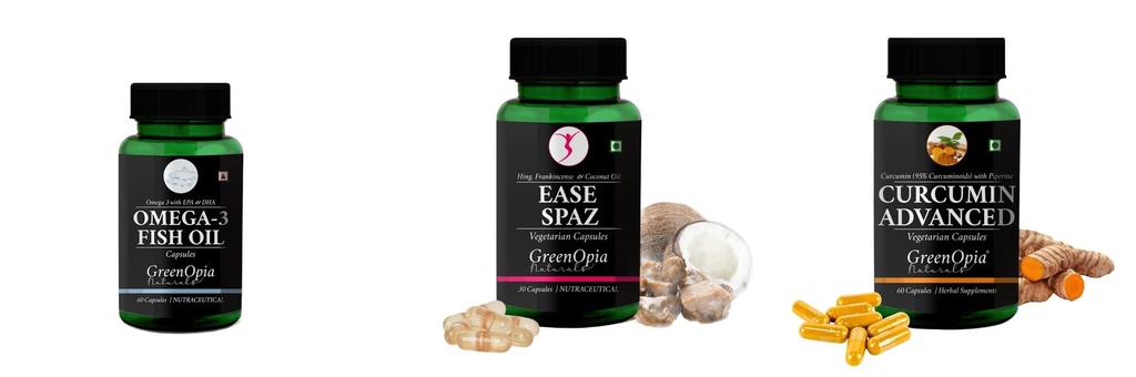 Fish-oil-capsules, Ease-spaz-vegetarian-capsules, Curcumin-c3-piperine-vegetarian-capsules Combo | Convenient Nutrition & Wellness Routine | Multi-Product Pack