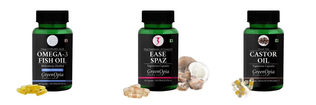 Fish-oil-double-strength, Ease-spaz-vegetarian-capsules, Castor-oil-vegetarian-capsules Combo | Convenient Nutrition & Wellness Routine | Multi-Product Pack