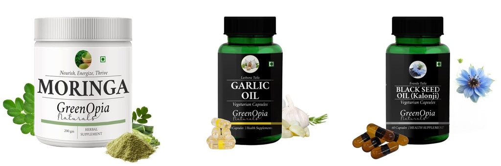 Moringa-oleifera-powder, Garlic-oil-vegetarian-capsules, Black-seed-oil-capsules Combo | Convenient Nutrition & Wellness Routine | Multi-Product Pack