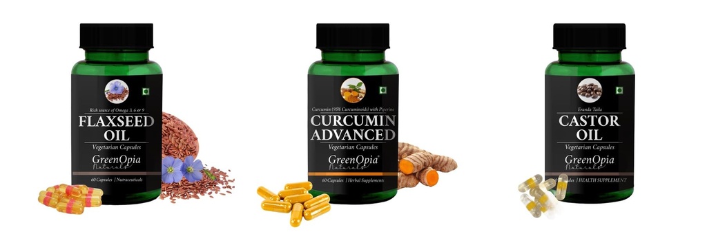 Flax-seed-oil-vegetarian-capsules, Curcumin-c3-piperine-vegetarian-capsules, Castor-oil-vegetarian-capsules Combo | Convenient Nutrition & Wellness Routine | Multi-Product P