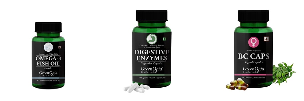 Fish-oil-capsules, Digestive-enzymes-60-vegetarian-capsules, Bc-caps-vaginal-capsules Combo | Convenient Nutrition & Wellness Routine | Multi-Product Pack
