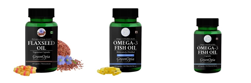 Flax-seed-oil-vegetarian-capsules, Fish-oil-double-strength, Fish-oil-capsules Combo | Convenient Nutrition & Wellness Routine | Multi-Product Pack