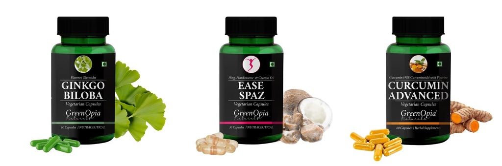 Ginkgo-biloba-vegetarian-capsules, Ease-spaz-vegetarian-capsules, Curcumin-c3-piperine-vegetarian-capsules Combo | Convenient Nutrition & Wellness Routine | Multi-Product Pa