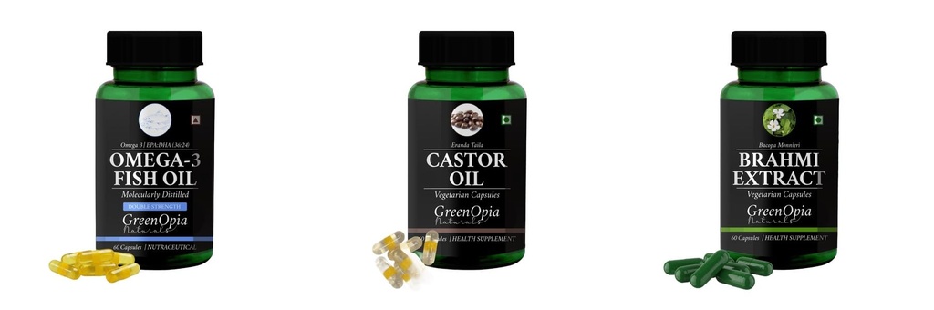 Fish-oil-double-strength, Castor-oil-vegetarian-capsules, Brahmi-vegetarian-capsules Combo | Convenient Nutrition & Wellness Routine | Multi-Product Pack
