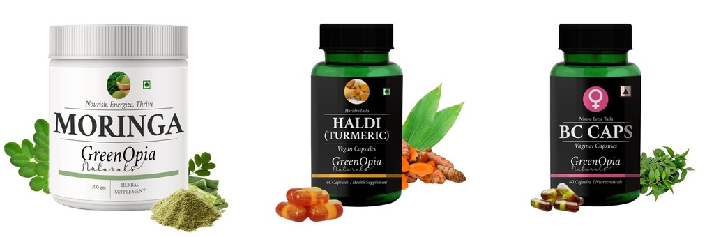 Moringa-oleifera-powder, Haldi-oil-vegetarian-capsules, Bc-caps-vaginal-capsules Combo | Convenient Nutrition & Wellness Routine | Multi-Product Pack