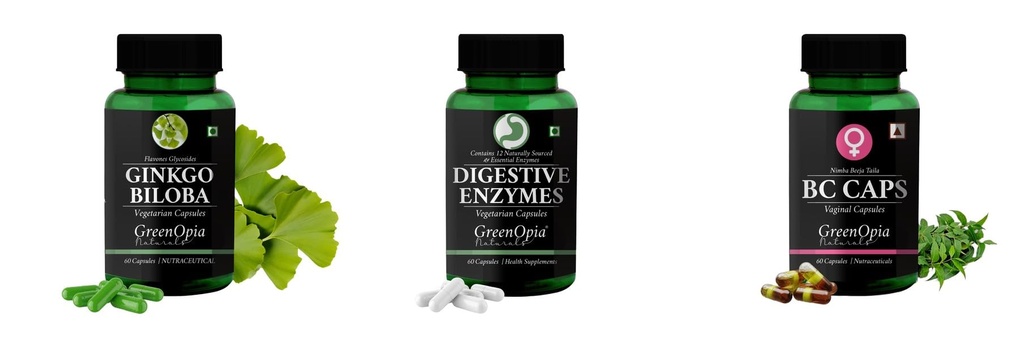 Ginkgo-biloba-vegetarian-capsules, Digestive-enzymes-60-vegetarian-capsules, Bc-caps-vaginal-capsules Combo | Convenient Nutrition & Wellness Routine | Multi-Product Pack